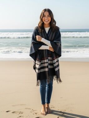 Panache Navy Plaid Poncho